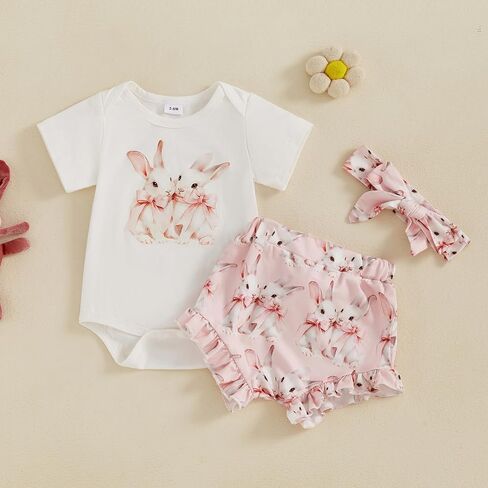YINGISFITM My First Easter Baby Girl Outfit Short Sleeve Bunny Onesie Romper Pompom Shorts Newborn Easter Clothes+Headband in Kuwait