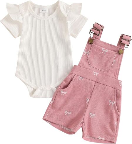 Adobabirl Baby Girl Summer Clothes Ribbed Short Sleeve Romper Bow Print Overalls Shorts Set Infant Cute Summer Outfits in Saudi Arabia