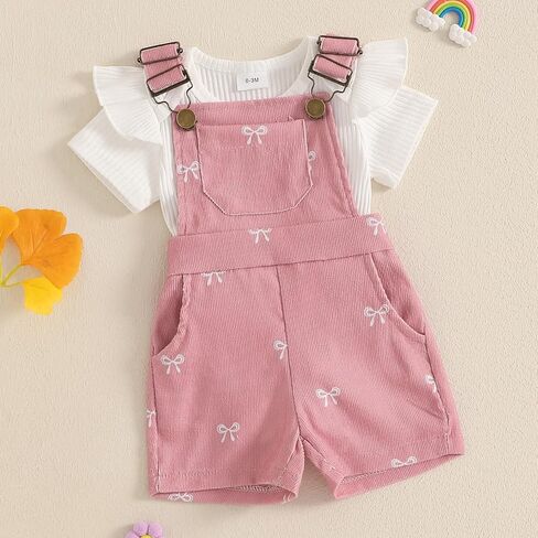 Adobabirl Baby Girl Summer Clothes Ribbed Short Sleeve Romper Bow Print Overalls Shorts Set Infant Cute Summer Outfits in Saudi Arabia