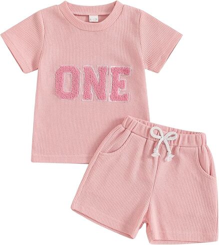 Lamuusaa Toddler Baby Girl Birthday Outfit Short Sleeve One/Two Embroidery T-shirt Waffle Elastic Shorts 2Pcs Summer Clothes in Saudi Arabia