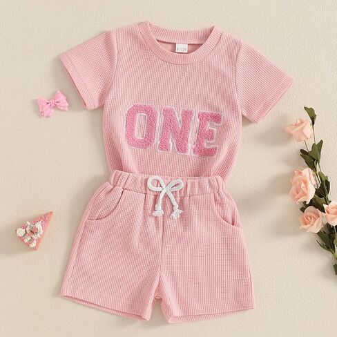 Lamuusaa Toddler Baby Girl Birthday Outfit Short Sleeve One/Two Embroidery T-shirt Waffle Elastic Shorts 2Pcs Summer Clothes in Saudi Arabia