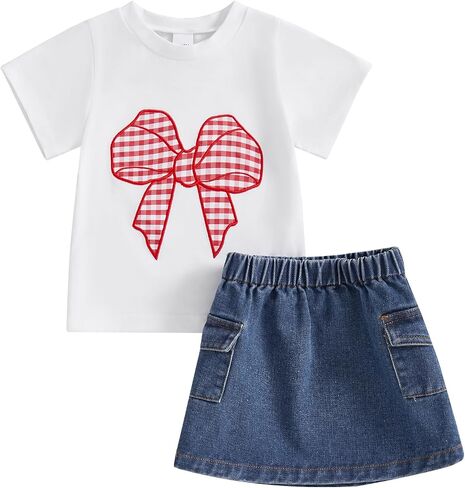 Kids Toddler Baby Girl Summer Clothes Outfit Bow Applique Short Sleeve T Shirt Top and Denim Skirt Dress Set in Saudi Arabia
