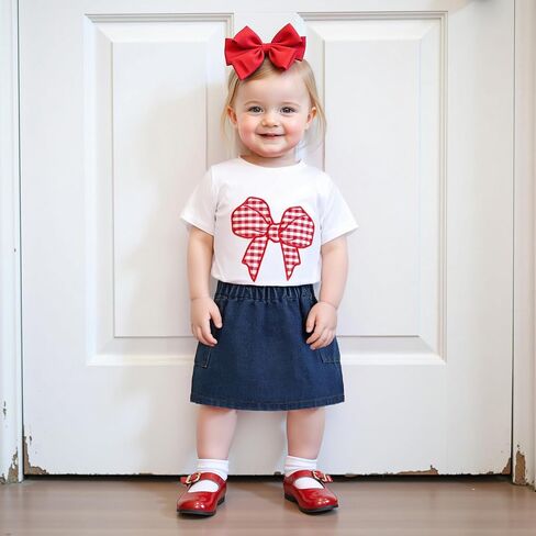 Kids Toddler Baby Girl Summer Clothes Outfit Bow Applique Short Sleeve T Shirt Top and Denim Skirt Dress Set in Saudi Arabia