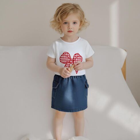 Kids Toddler Baby Girl Summer Clothes Outfit Bow Applique Short Sleeve T Shirt Top and Denim Skirt Dress Set in Saudi Arabia