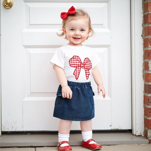 Kids Toddler Baby Girl Summer Clothes Outfit Bow Applique Short Sleeve T Shirt Top and Denim Skirt Dress Set in Saudi Arabia