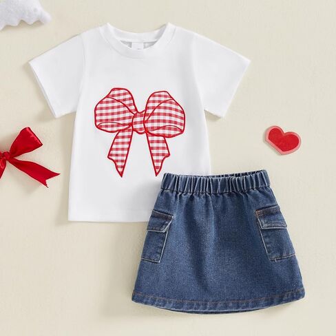 Kids Toddler Baby Girl Summer Clothes Outfit Bow Applique Short Sleeve T Shirt Top and Denim Skirt Dress Set in Saudi Arabia