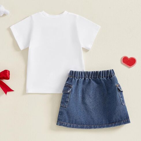 Kids Toddler Baby Girl Summer Clothes Outfit Bow Applique Short Sleeve T Shirt Top and Denim Skirt Dress Set in Saudi Arabia