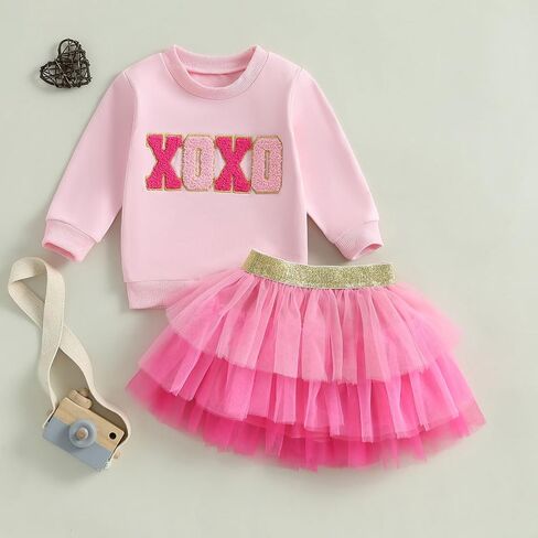 Kayotuas Toddler Baby Girl Valentines Outfit Red Love Heart Bow Sweatshirt and Tulle Tutu Skirts Set Cute Fall Spring Clothes in Kuwait