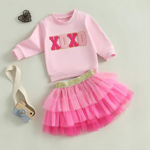 Kayotuas Toddler Baby Girl Valentines Outfit Red Love Heart Bow Sweatshirt and Tulle Tutu Skirts Set Cute Fall Spring Clothes in Kuwait