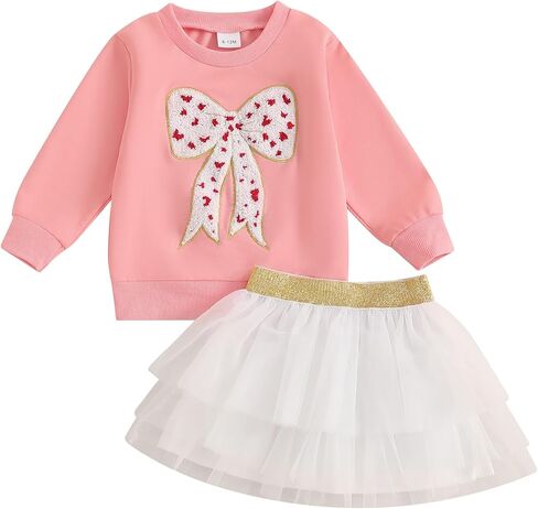 Kayotuas Toddler Baby Girl Valentines Outfit Red Love Heart Bow Sweatshirt and Tulle Tutu Skirts Set Cute Fall Spring Clothes in Kuwait