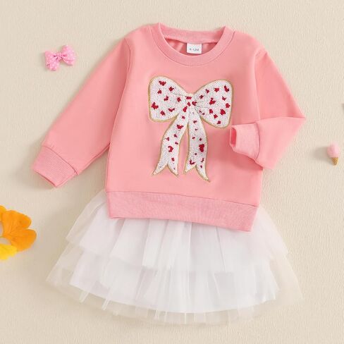Kayotuas Toddler Baby Girl Valentines Outfit Red Love Heart Bow Sweatshirt and Tulle Tutu Skirts Set Cute Fall Spring Clothes in Kuwait