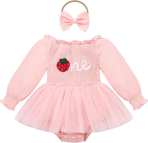 IDOPIP Strawberry Butterfly 1st Birthday Outfit for Baby Girls Embroidery One Romper Smocked Tutu Dress with Headband Clothes in Saudi Arabia