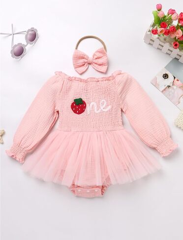 IDOPIP Strawberry Butterfly 1st Birthday Outfit for Baby Girls Embroidery One Romper Smocked Tutu Dress with Headband Clothes in Saudi Arabia