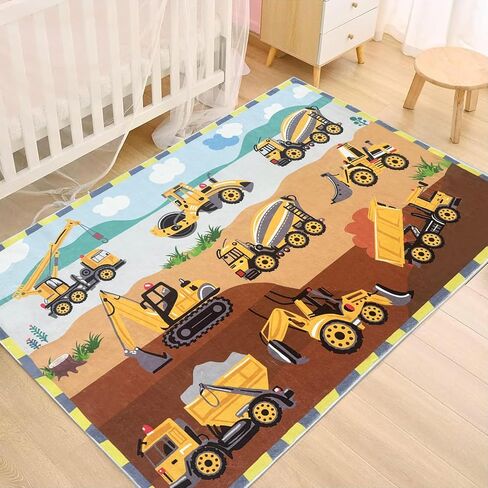 Vehicle Kids Play Rug Car Carpet 3x5Ft Digger Truck Boys Bedroom Rug Children Playtime Mat Soft Game Rug Construction Engineering Playroom Rug, Easy Washable Nursery Rug in Saudi Arabia