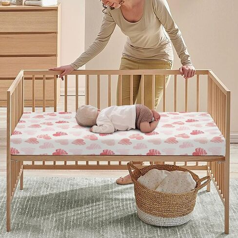 Pink Hearts Fitted Crib Sheet Line Heart Baby Crib Sheet Fit Standard Crib and Toddler Mattress,Crib Mattress Sheets for Boys Girls 28"x52" in Kuwait