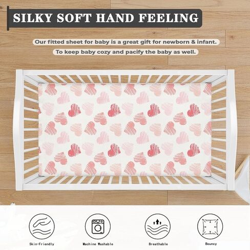 Pink Hearts Fitted Crib Sheet Line Heart Baby Crib Sheet Fit Standard Crib and Toddler Mattress,Crib Mattress Sheets for Boys Girls 28"x52" in Kuwait