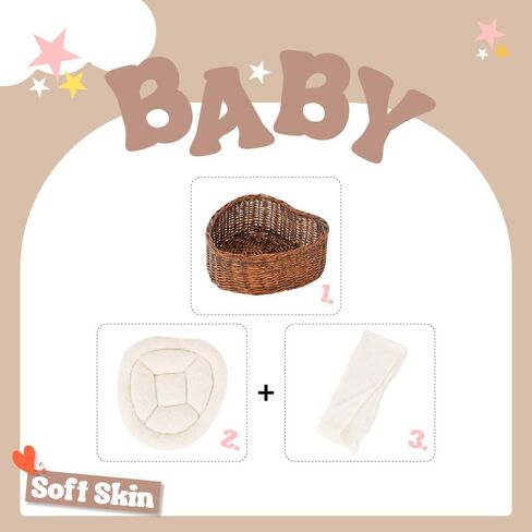 Kate Newborn Photography Props Brown Heart Shaped Rattan Basket Handcrafted Baby Doll Basket Set for Baby Photography Photoshoot with White Pillow and Mat and Stretch Wrap in Kuwait