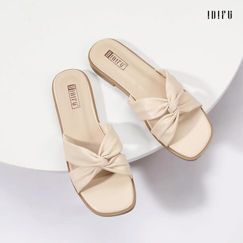 IDIFU Women's Flat Sandals Square Open Toe Slip On Sandals for Women Beach Summer Comfortable Dress Sandals Dressy Cute Walking Slide Sandals Casual Twist Strap Sandals in Kuwait