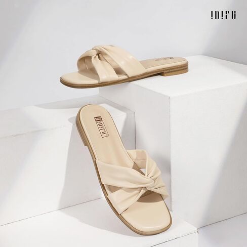 IDIFU Women's Flat Sandals Square Open Toe Slip On Sandals for Women Beach Summer Comfortable Dress Sandals Dressy Cute Walking Slide Sandals Casual Twist Strap Sandals in Kuwait