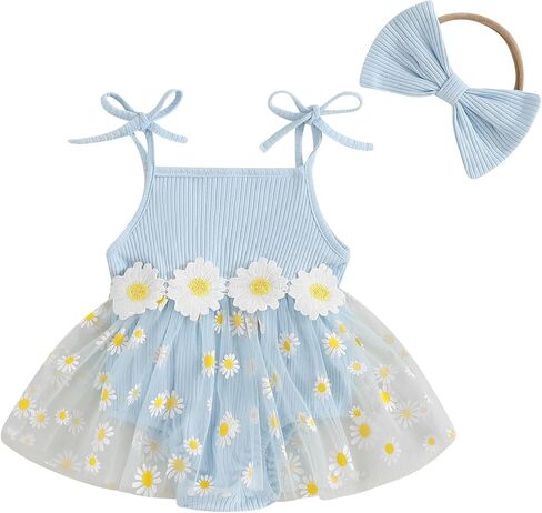 Newborn Baby Girl Clothes Sleeveless Flower Tulle Patchwork Romper Dress with Bowknot Hairband Summer Outfits in Kuwait