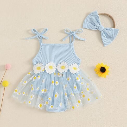 Newborn Baby Girl Clothes Sleeveless Flower Tulle Patchwork Romper Dress with Bowknot Hairband Summer Outfits in Kuwait