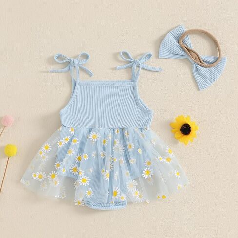 Newborn Baby Girl Clothes Sleeveless Flower Tulle Patchwork Romper Dress with Bowknot Hairband Summer Outfits in Kuwait