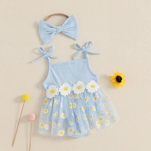 Newborn Baby Girl Clothes Sleeveless Flower Tulle Patchwork Romper Dress with Bowknot Hairband Summer Outfits in Kuwait