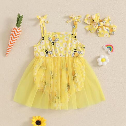 Newborn Baby Girl Clothes Sleeveless Flower Tulle Patchwork Romper Dress with Bowknot Hairband Summer Outfits in Kuwait