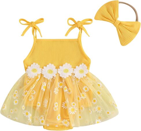 Newborn Baby Girl Clothes Sleeveless Flower Tulle Patchwork Romper Dress with Bowknot Hairband Summer Outfits in Kuwait