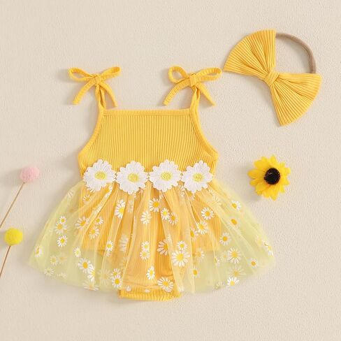 Newborn Baby Girl Clothes Sleeveless Flower Tulle Patchwork Romper Dress with Bowknot Hairband Summer Outfits in Kuwait