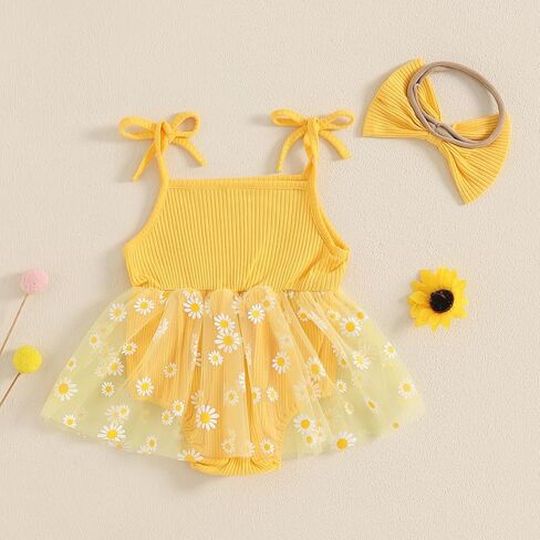 Newborn Baby Girl Clothes Sleeveless Flower Tulle Patchwork Romper Dress with Bowknot Hairband Summer Outfits in Kuwait