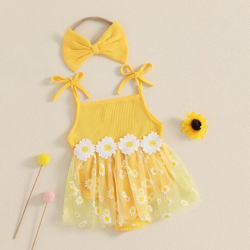 Newborn Baby Girl Clothes Sleeveless Flower Tulle Patchwork Romper Dress with Bowknot Hairband Summer Outfits in Kuwait