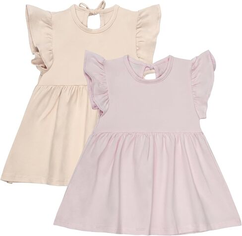 2pack طفل طفل طفلة بوهو فستان قطن كشكش الأكمام الصلبة طباعة صيف شاطئ الصيف sundress in Kuwait