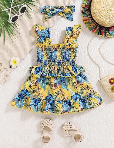 Baby Girl Dress Toddler Clothes Infant Outfits Summer Ruffle Sleeve Playwear Sundress Smock Beach Boho Dresses+Headband in Saudi Arabia
