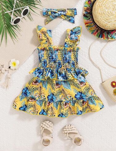 Baby Girl Dress Toddler Clothes Infant Outfits Summer Ruffle Sleeve Playwear Sundress Smock Beach Boho Dresses+Headband in Saudi Arabia