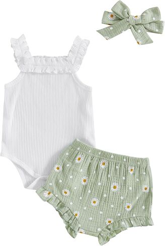 Kaipiclos Cherry Baby Outfit Newborn Infant Girl Clothes Rib Knit Romper & Shorts Waffled Baby Clothes for Girls 0 3 6 12 18M in Kuwait