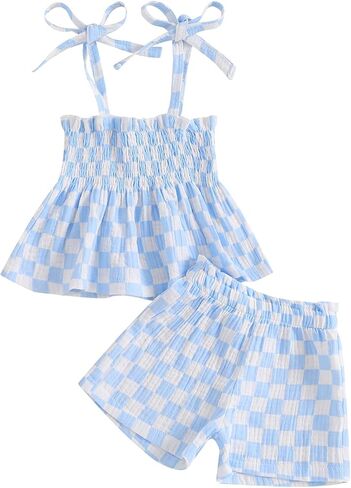 Lamuusaa Toddler طفلة طفلة ملابس صيفية ملابس بلا أكمام دبابة Top Cami checkerboard شورتات قطن الكتان in Kuwait