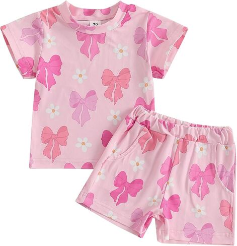 Murnouche Toddler Baby Girl Summer Clothes Bow Floral Letter Print Short Sleeve Shirt Shorts Set Summer Outfit in Kuwait