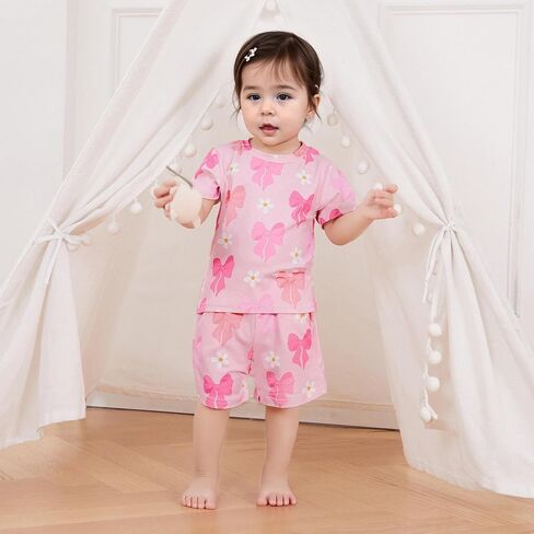 Murnouche Toddler Baby Girl Summer Clothes Bow Floral Letter Print Short Sleeve Shirt Shorts Set Summer Outfit in Kuwait