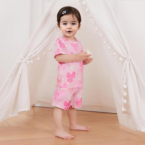 Murnouche Toddler Baby Girl Summer Clothes Bow Floral Letter Print Short Sleeve Shirt Shorts Set Summer Outfit in Kuwait