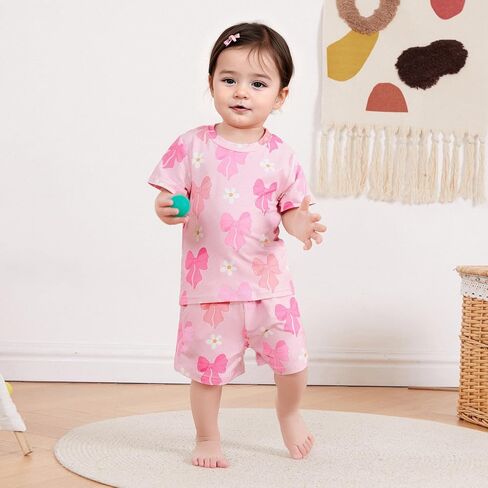 Murnouche Toddler Baby Girl Summer Clothes Bow Floral Letter Print Short Sleeve Shirt Shorts Set Summer Outfit in Kuwait