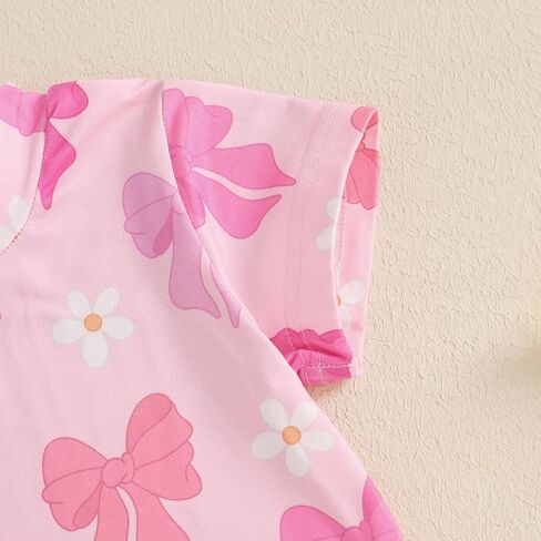 Murnouche Toddler Baby Girl Summer Clothes Bow Floral Letter Print Short Sleeve Shirt Shorts Set Summer Outfit in Kuwait