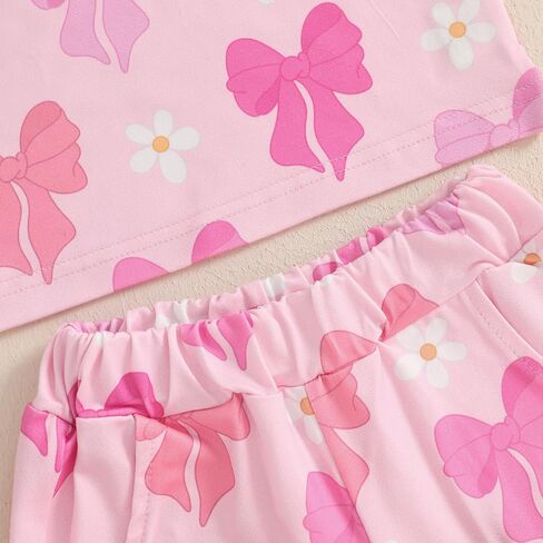Murnouche Toddler Baby Girl Summer Clothes Bow Floral Letter Print Short Sleeve Shirt Shorts Set Summer Outfit in Kuwait