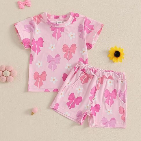 Murnouche Toddler Baby Girl Summer Clothes Bow Floral Letter Print Short Sleeve Shirt Shorts Set Summer Outfit in Kuwait