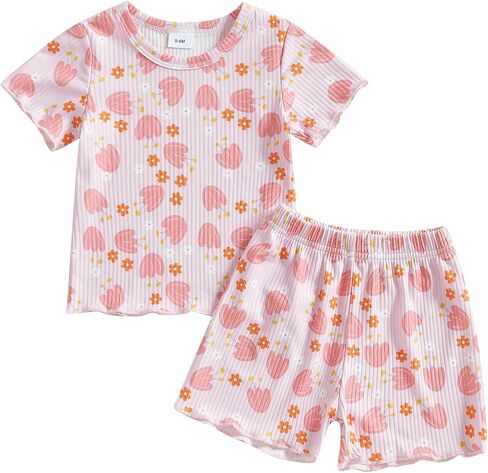 Murnouche Toddler Baby Girl Summer Clothes Bow Floral Letter Print Short Sleeve Shirt Shorts Set Summer Outfit in Kuwait