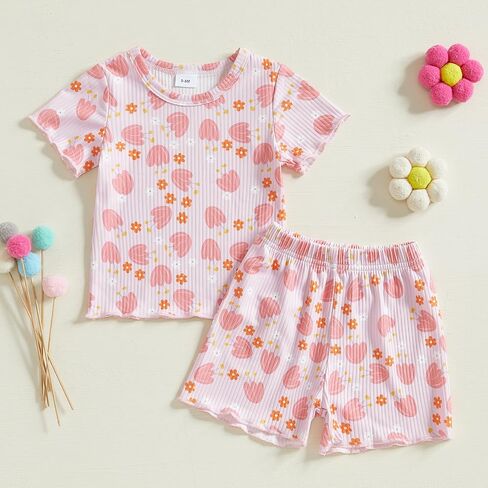 Murnouche Toddler Baby Girl Summer Clothes Bow Floral Letter Print Short Sleeve Shirt Shorts Set Summer Outfit in Kuwait