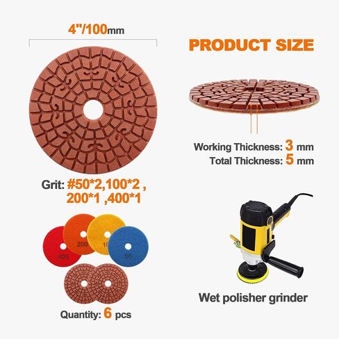 Diamond polishing pad 6PCS 4 Inch(#50*2,100*2 ,200*1 ,400*1)Super Copper Metal Bond Wet Diamond Polishing Pads for Granite Marble Concrete Floor Grinding Disc Strong Grinding Force. in Kuwait