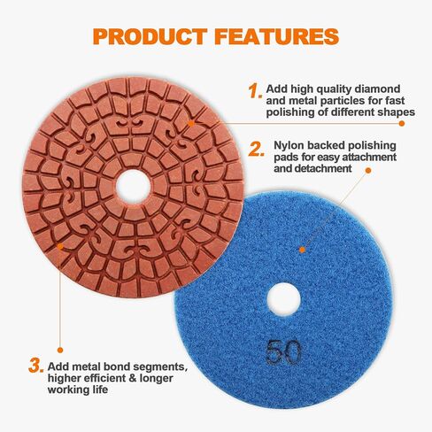 Diamond polishing pad 6PCS 4 Inch(#50*2,100*2 ,200*1 ,400*1)Super Copper Metal Bond Wet Diamond Polishing Pads for Granite Marble Concrete Floor Grinding Disc Strong Grinding Force. in Kuwait