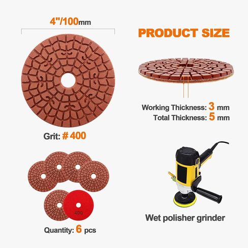 Diamond polishing pad 6PCS 4 Inch(#50*2,100*2 ,200*1 ,400*1)Super Copper Metal Bond Wet Diamond Polishing Pads for Granite Marble Concrete Floor Grinding Disc Strong Grinding Force. in Kuwait