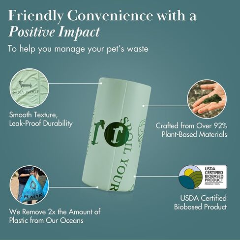 Eco-Friendly 92% Plant-Based Dog Poop Bags Rolls -180 Extra Thick, Durable, Leak-Proof, Odorless, Convenient Disposal - USDA Certified, Heavy-Duty Trash Bags and Garbage Bags in Saudi Arabia